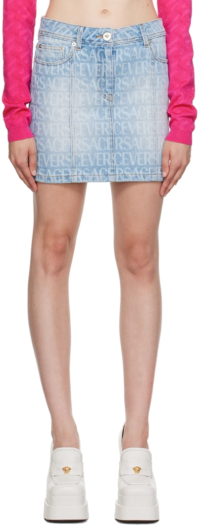 Versace All Over Logo Print Cotton Denim Shorts In Blu