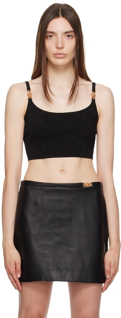 Versace Cropped Embellished Knitted Top In Black