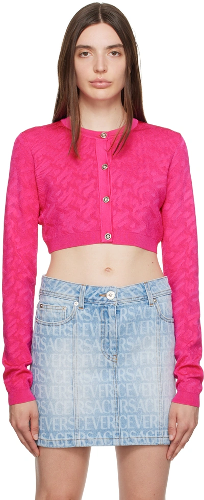 Versace Logo Jacquard Knit Viscose Crop Cardigan In Pink