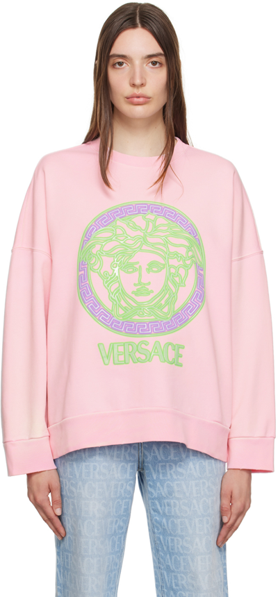 Versace Sweatshirt Sweatshirt Fabric Series Neon Effect Logo Print In Pink