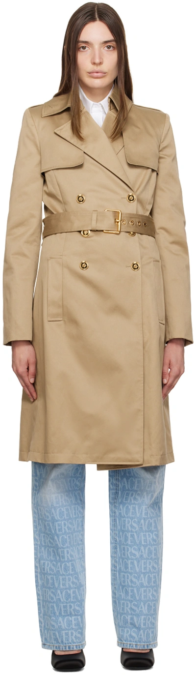 Versace Belted Cotton Gabardine Trench Coat In Beige