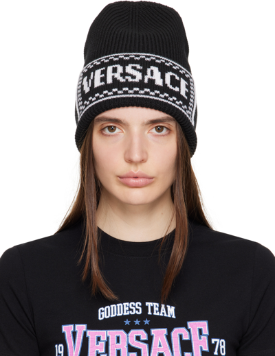 Versace Intarsia-knit Logo Beanie In Black