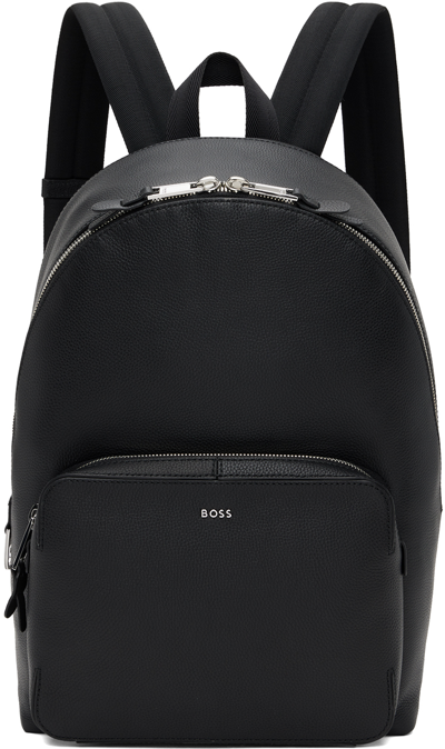Hugo Boss Grained-leather Backpack With Polished Silver Hardware In Black
