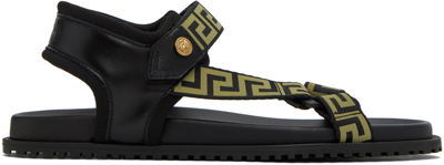 Versace Black Greca Sandals In 2b15v-black+gold-ver