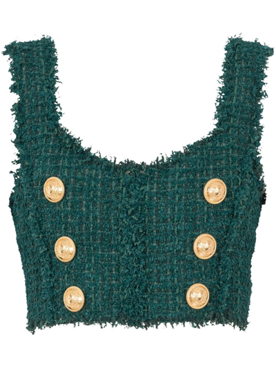 Balmain 6-buttons Tweed Cropped Top In Green