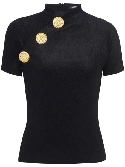 Balmain Button-detail Velvet T-shirt In Black