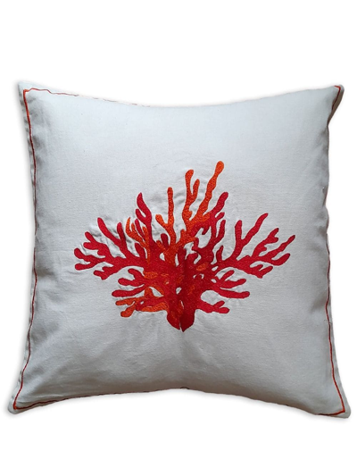 Les-ottomans Coral Embroidered Cushion In White
