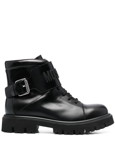 Moschino Logo-embossed Lace-up Leather Boots In Black