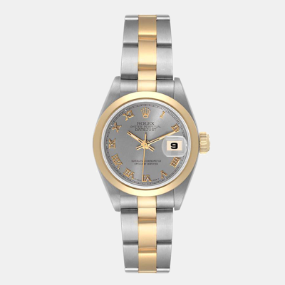 Pre-owned Rolex Slate 18k Yellow Gold And Stainless Steel Datejust 69163 Women's Wristwatch 26 Mm In Silver