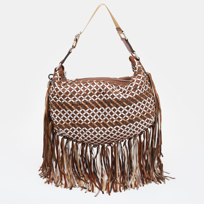 Pre-owned Marc Jacobs Brown/metallic Woven Leather And Snakeskin Embossed Leather Fringe Hobo