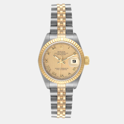 Pre-owned Rolex Champagne 18k Yellow Gold And Stainless Steel Datejust 69173 Women's Wristwatch 26 Mm
