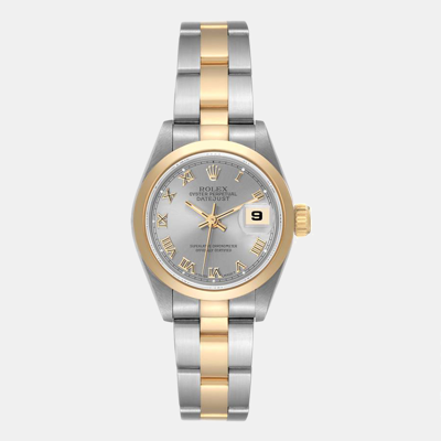 Pre-owned Rolex Slate 18k Yellow Gold And Stainless Steel Datejust 69163 Women's Wristwatch 26 Mm In Grey