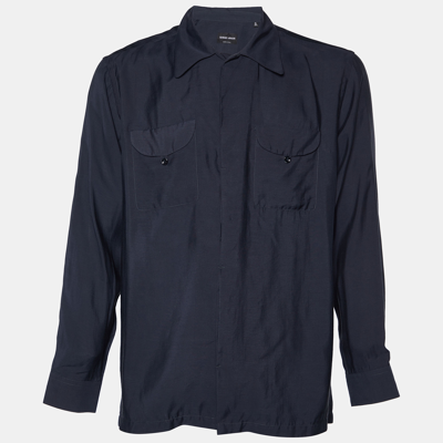 Pre-owned Giorgio Armani Navy Blue Lyocell & Silk Button Front Shirt L