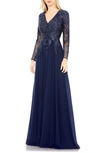 Mac Duggal Beaded Bodice Long Sleeve A-line Gown In Navy