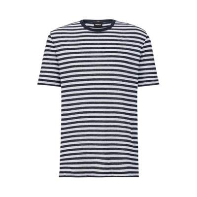 Hugo Boss Pure-linen Regular-fit T-shirt With Horizontal Stripe In Dark Blue