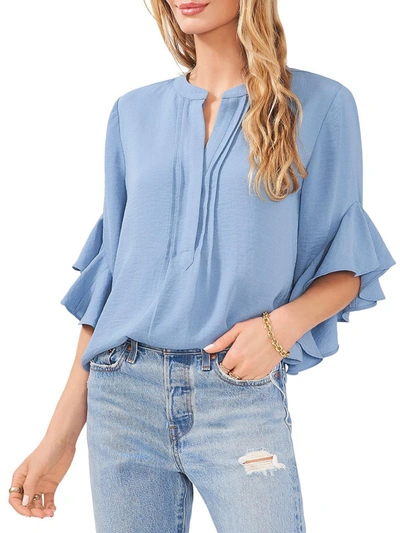 Vince Camuto Womens Ruffle Sleeve Split Neck Blouse In Blue