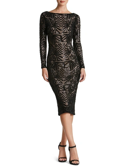 DRESS THE POPULATION EMERY WOMENS SEQUINED ILLUSION COCKTAIL DRESS