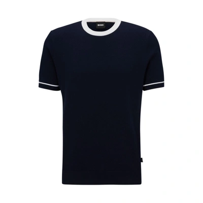 Hugo Boss Structured-cotton Regular-fit Sweater With Contrast Tipping In Blue