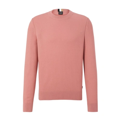 Hugo Boss Crew-neck Sweater In Structured Cotton With Stripe Details In Light Pink