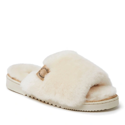 Dearfoams Womens Cairns Genuine Shearling Slide With Metallic Trim In White