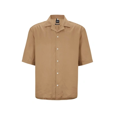 Hugo Boss Regular-fit Short-sleeved Shirt With Camp Collar In Brown