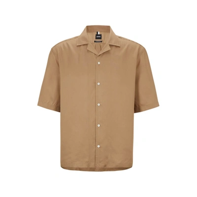Hugo Boss Regular-fit Short-sleeved Shirt With Camp Collar In Beige