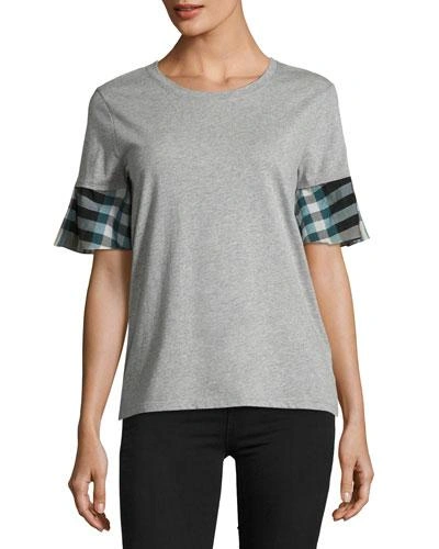 Burberry Flared-sleeve Check Detail Cotton T-shirt In Light Grey