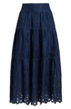 Polo Ralph Lauren Eyelet-embroidered Tiered Linen Skirt In Newport Navy