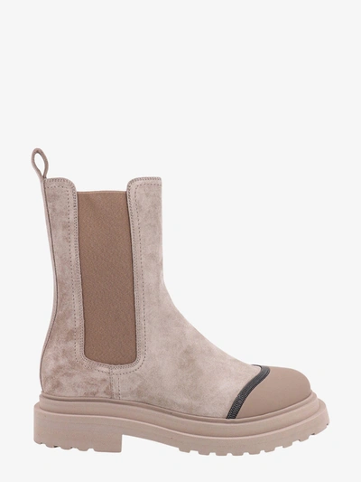 Brunello Cucinelli Suede Chelsea Boot With Precious Detail In Beige