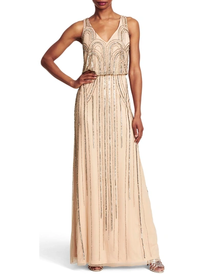 Adrianna Papell Plus Womens Embellished Beaded Evening Dress In Beige