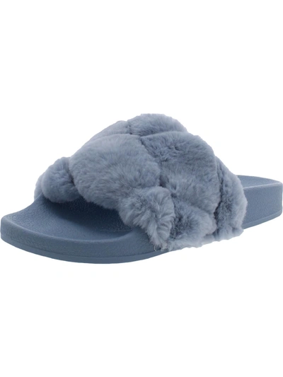 Steve Madden Snooze Womens Faux Fur Slip On Pool Slides In Blue