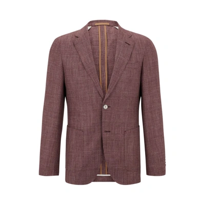 Hugo Boss Men's Slim-fit Jacket In Checked Wool, Silk And Linen In Dark Red