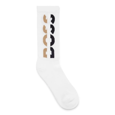 Hugo Boss Quarter-length Logo Socks In A Stretch-cotton Blend In White