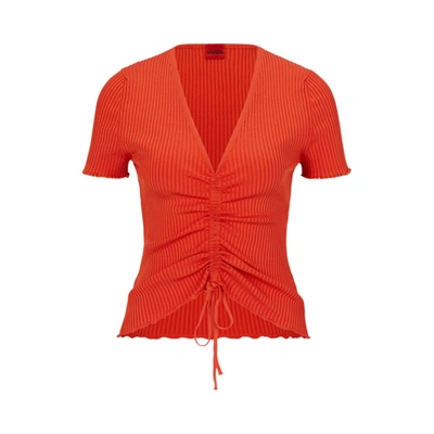 Hugo Boss Short-sleeved Ribbed Sweater With Gathered Front In Red