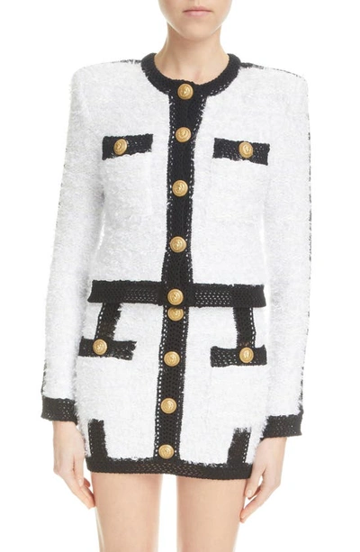 Balmain Colorblocked Tweed Knit Jacket In White
