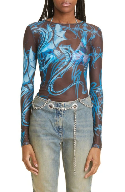 Miaou Tattoo Print Long Sleeve Mesh T-shirt In Tattoo-blue