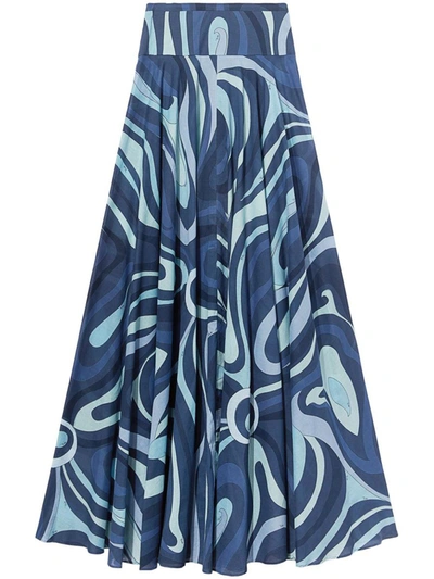 Pucci Marmo印花棉质细布超长半身裙 In Blue