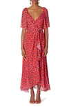 CAROLINA HERRERA HEART PRINT FLUTTER SLEEVE CHIFFON WRAP DRESS