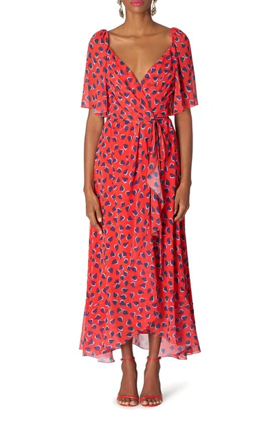 Carolina Herrera Heart-print Flutter-sleeve Wrap Midi Dress With Ruffle Hem In Poppy Multi