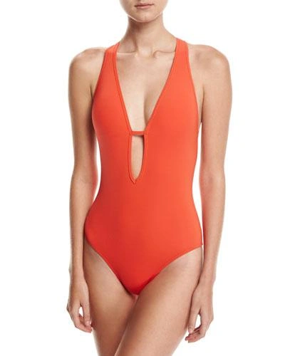 Jets By Jessika Allen Disposition Plunging Lace-up Sides Textured One-piece Swimsuit