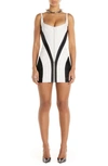 Mugler Spiral Plunge Neck Jersey & Denim Minidress In Ivory / Black