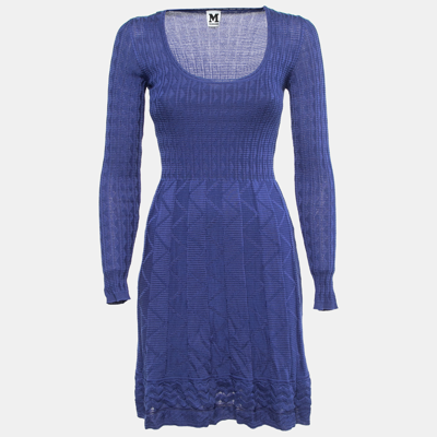 Pre-owned M Missoni Blue Patterned Knit Scoop Neck Flared Midi Dress S