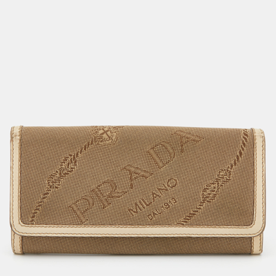 Pre-owned Prada Beige Jacquard Logo Canvas And Leather Flap Continental Wallet