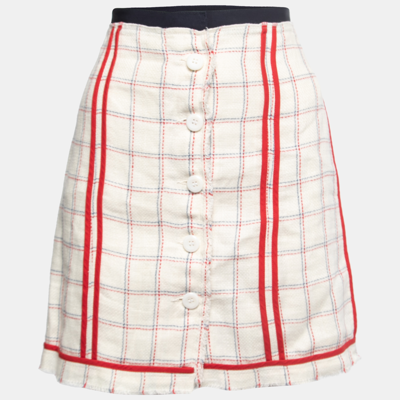 Pre-owned D & G White Checked Patterned Linen Buttoned Mini Skirt S