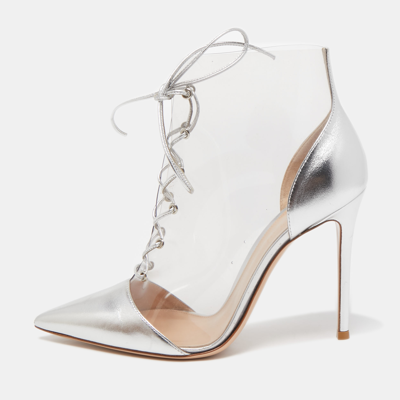 Pre-owned Gianvito Rossi Transparent/silver Pvc And Foil Leather Plexi Lace-up Ankle Booties Size 40.5