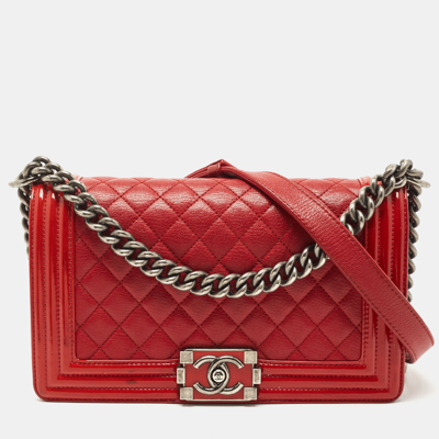 Pre-owned Chanel Red Quilted Leather And Patent Medium Boy Flap Bag