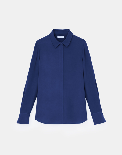 Lafayette 148 Plus-size Silk Double Georgette Button Blouse In Midnight Blue