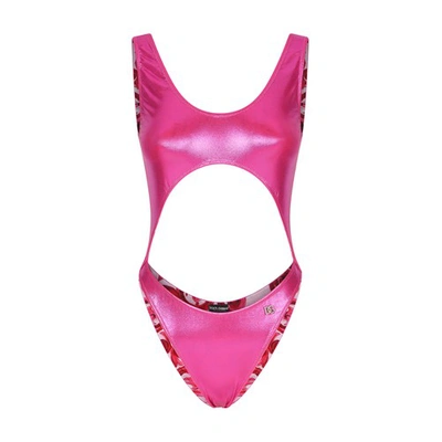Dolce & Gabbana Laminated Cutout One-piece Swimsuit In Lamina_rosa_fuxia