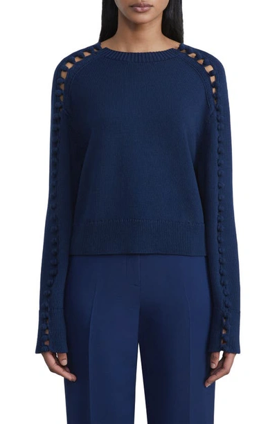 Lafayette 148 Crochet Button Detail Silk Sweater In Midnight Blue