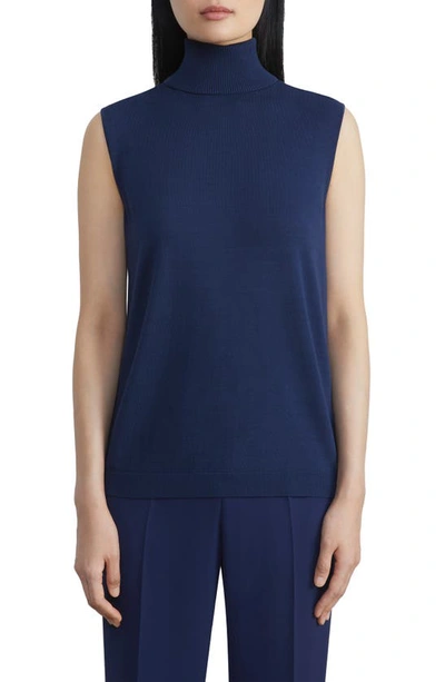 Lafayette 148 Petite Matte Crepe Sleeveless Turtleneck Sweater In Midnight Blue